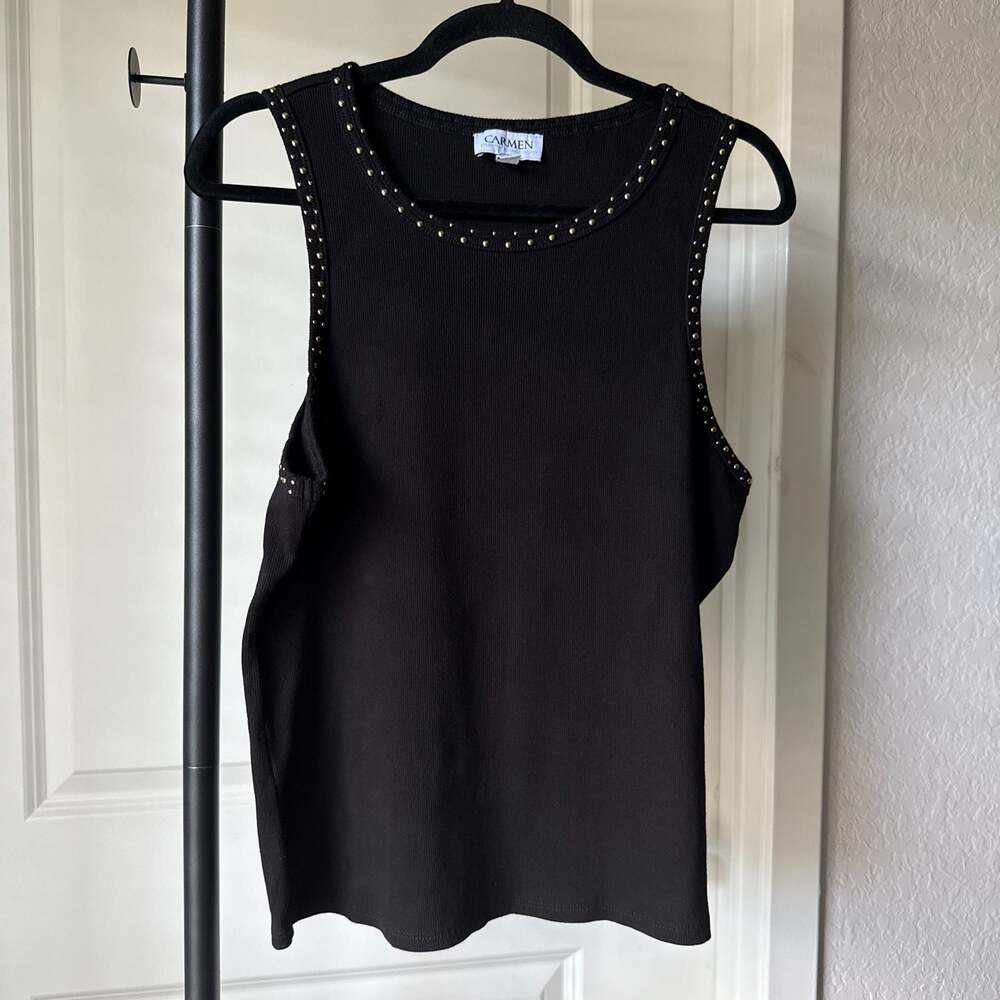 Carmen Marc Valvo black ribbed sleeveless tank top with metallic stud trim
